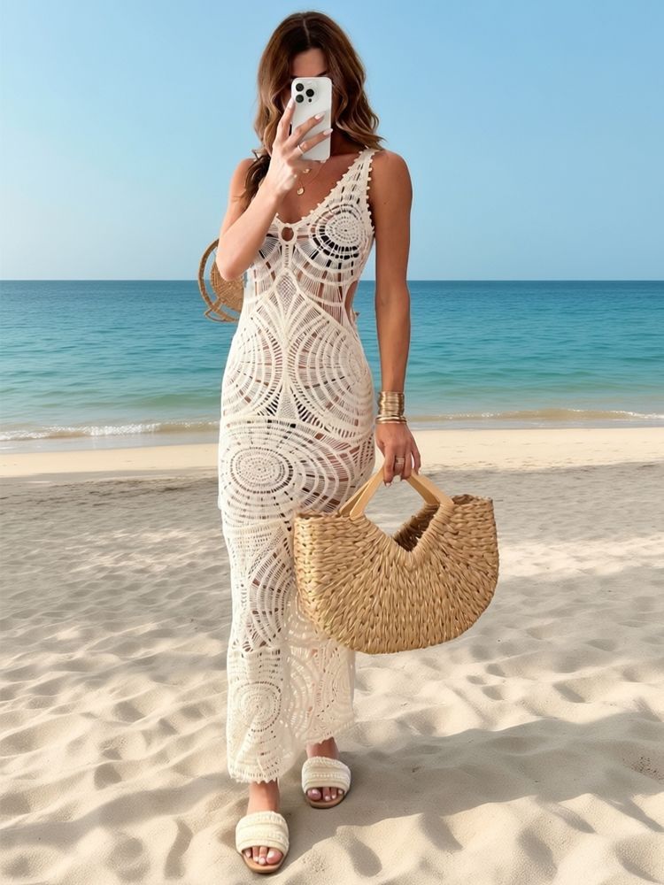 Handmade Crochet Beach Dress | Hollow Out Cover-Up Maxi Dress - Image 5