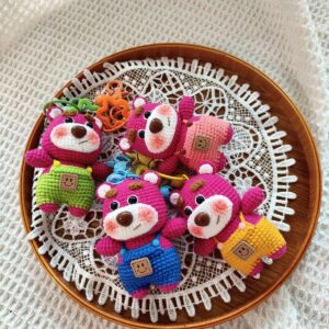Handmade Crochet Bear | Cute Knitted Bear Plush with Overalls | Keychain or Display Base