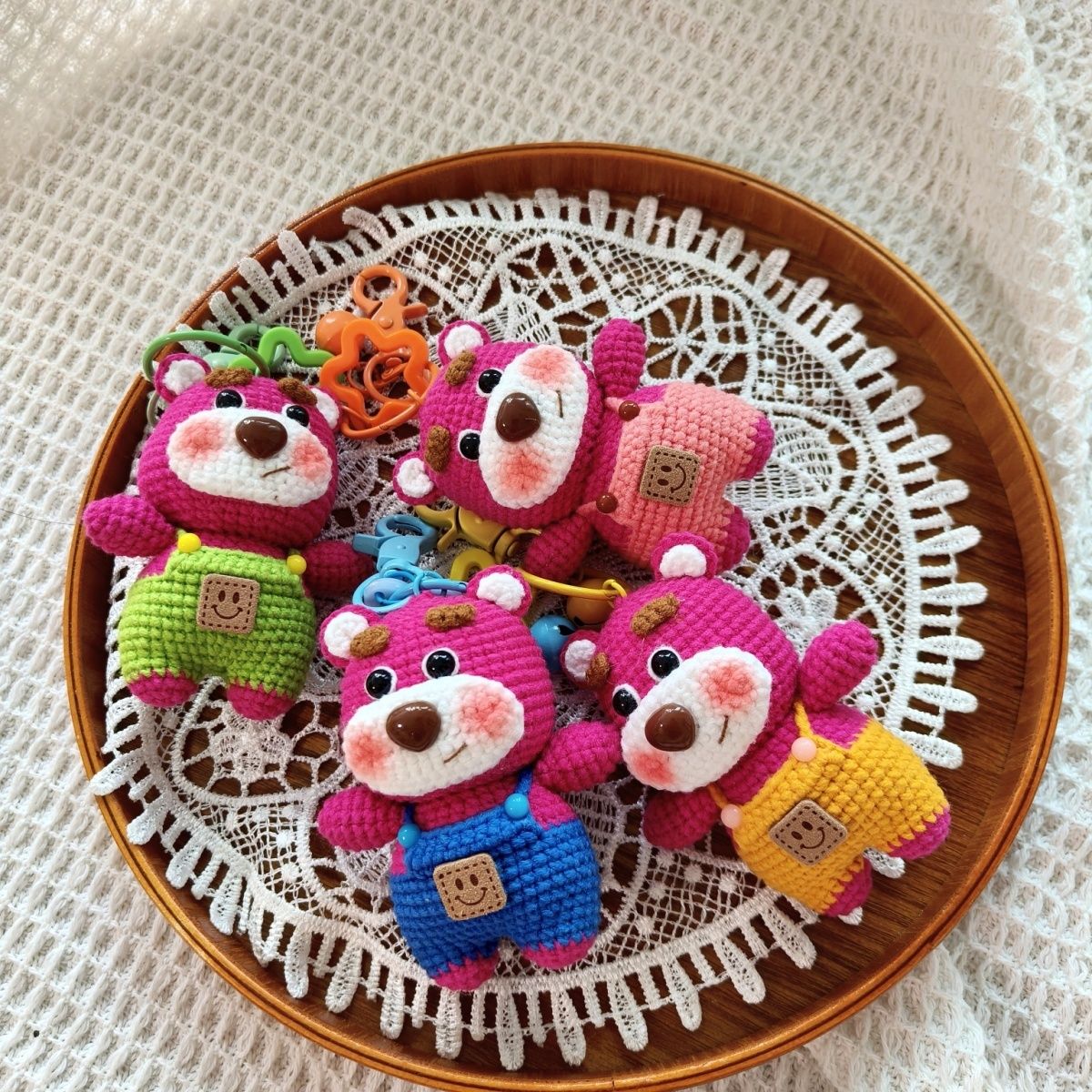 Handmade Crochet Bear | Cute Knitted Bear Plush with Overalls | Keychain or Display Base