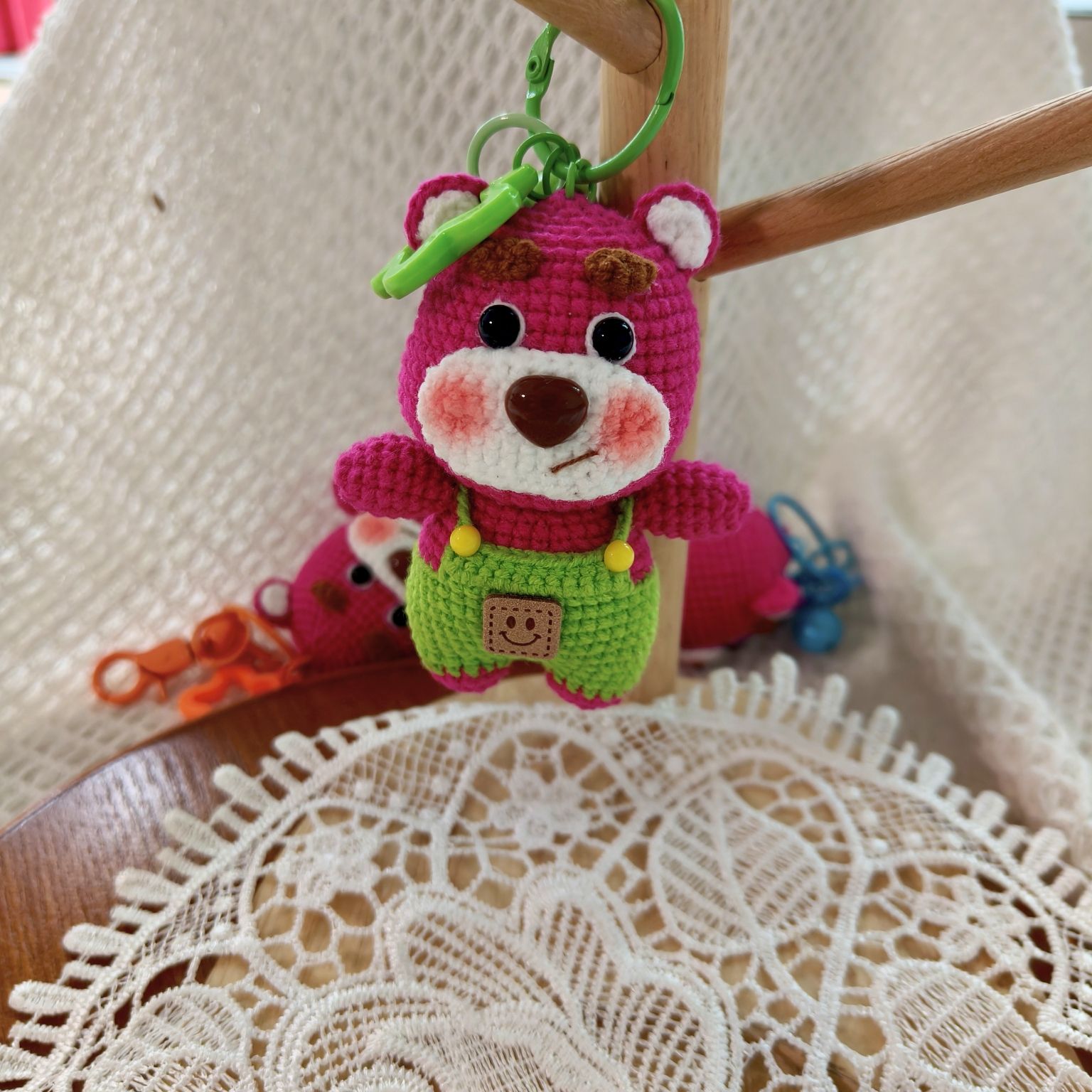 Handmade Crochet Bear | Cute Knitted Bear Plush with Overalls | Keychain or Display Base - Image 3