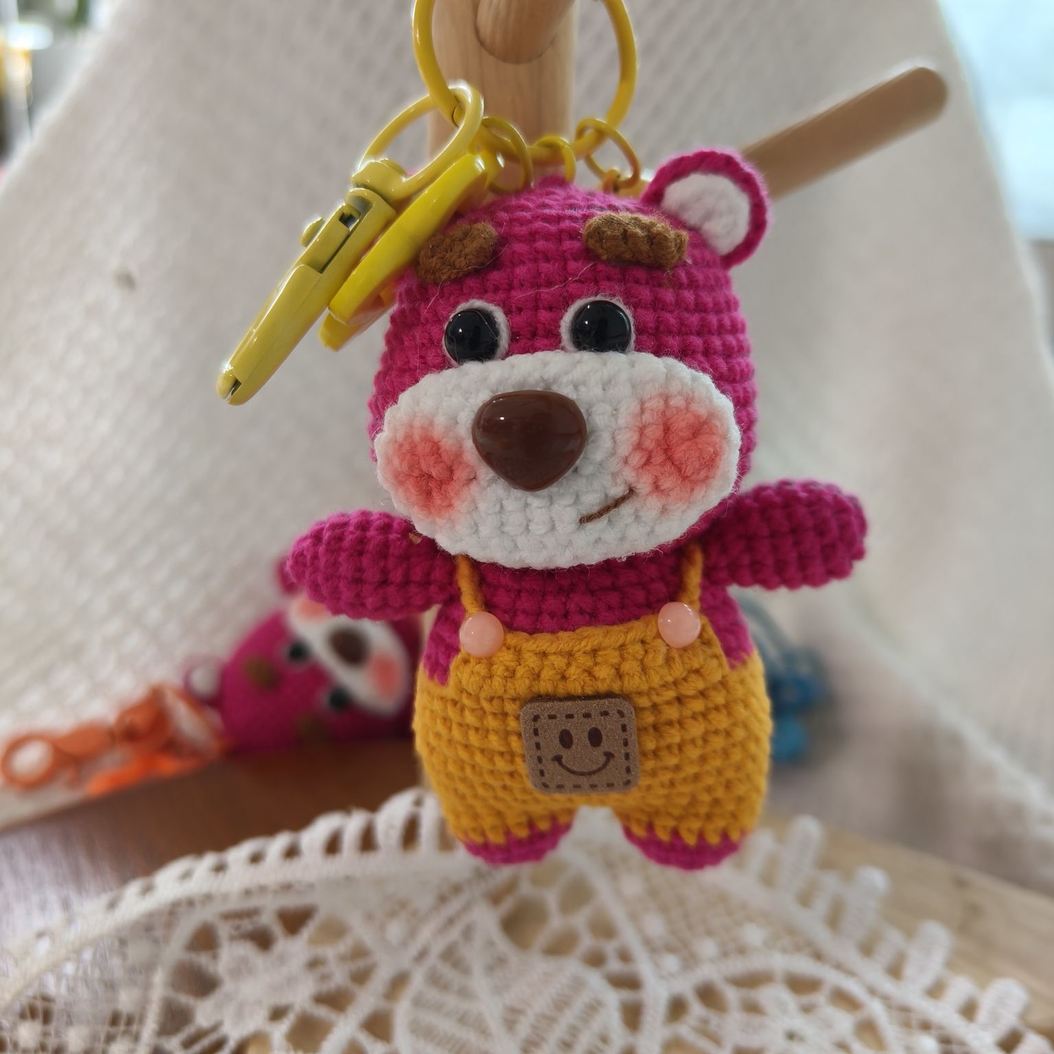 Handmade Crochet Bear | Cute Knitted Bear Plush with Overalls | Keychain or Display Base - Image 4