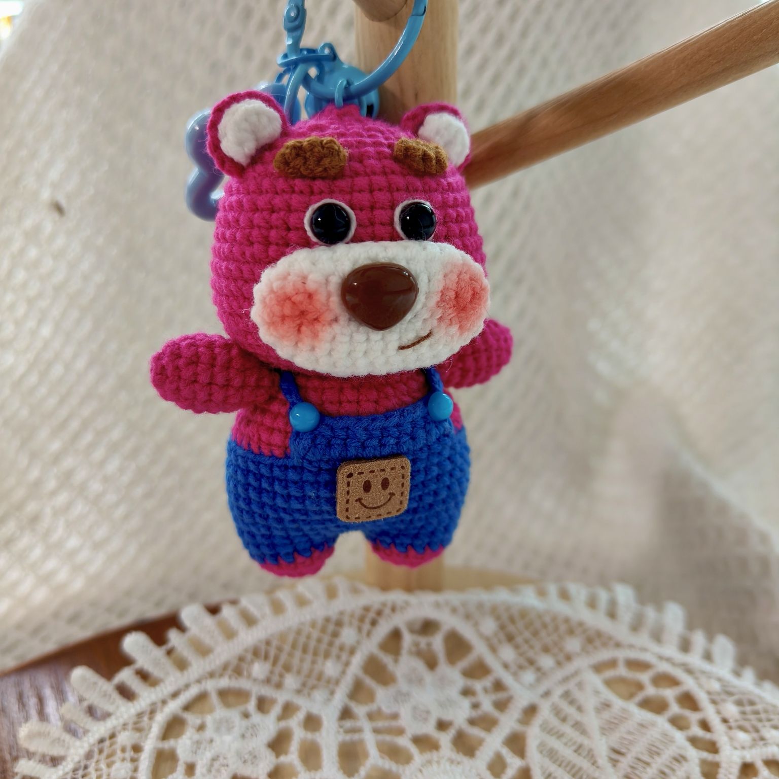 Handmade Crochet Bear | Cute Knitted Bear Plush with Overalls | Keychain or Display Base - Image 5