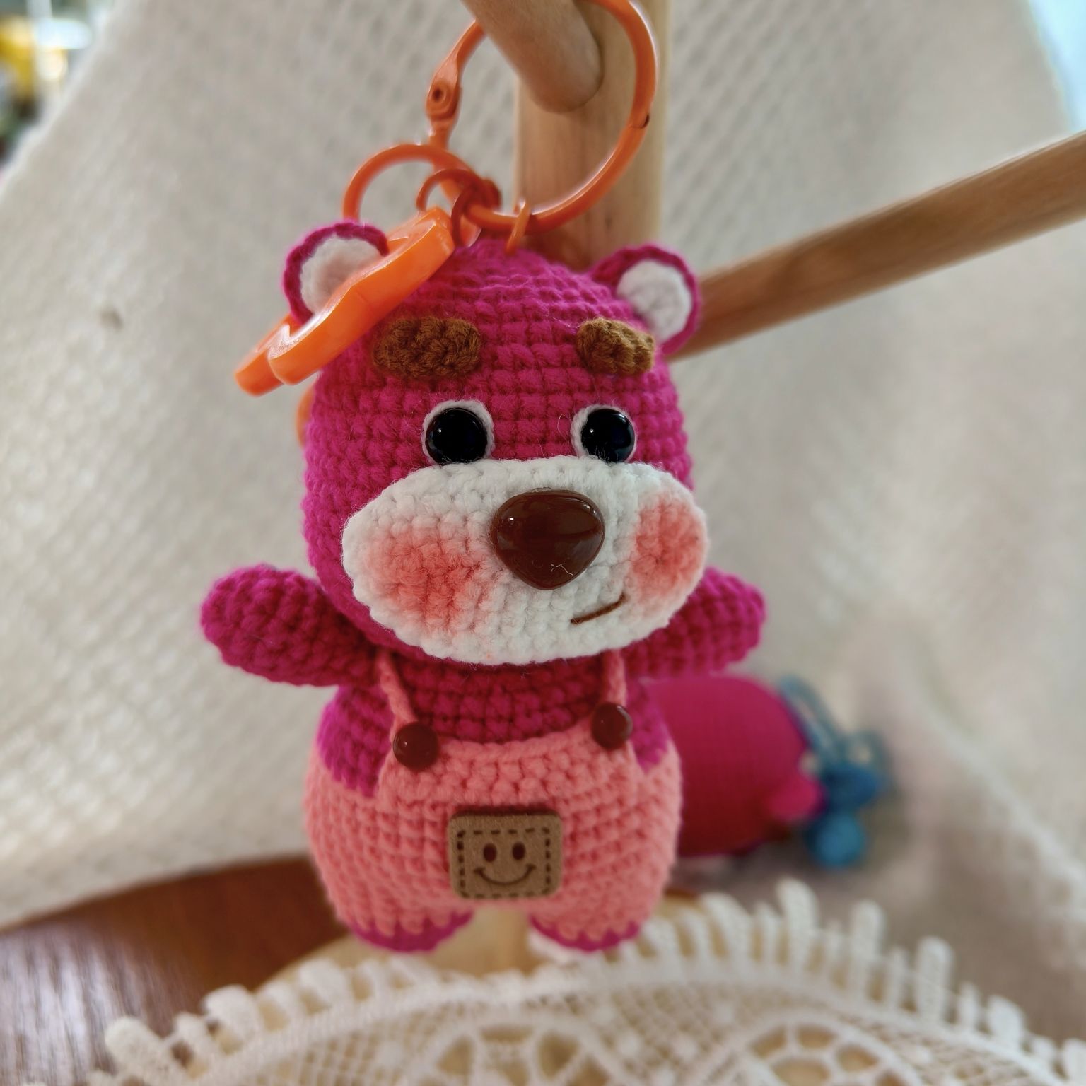Handmade Crochet Bear | Cute Knitted Bear Plush with Overalls | Keychain or Display Base - Image 6