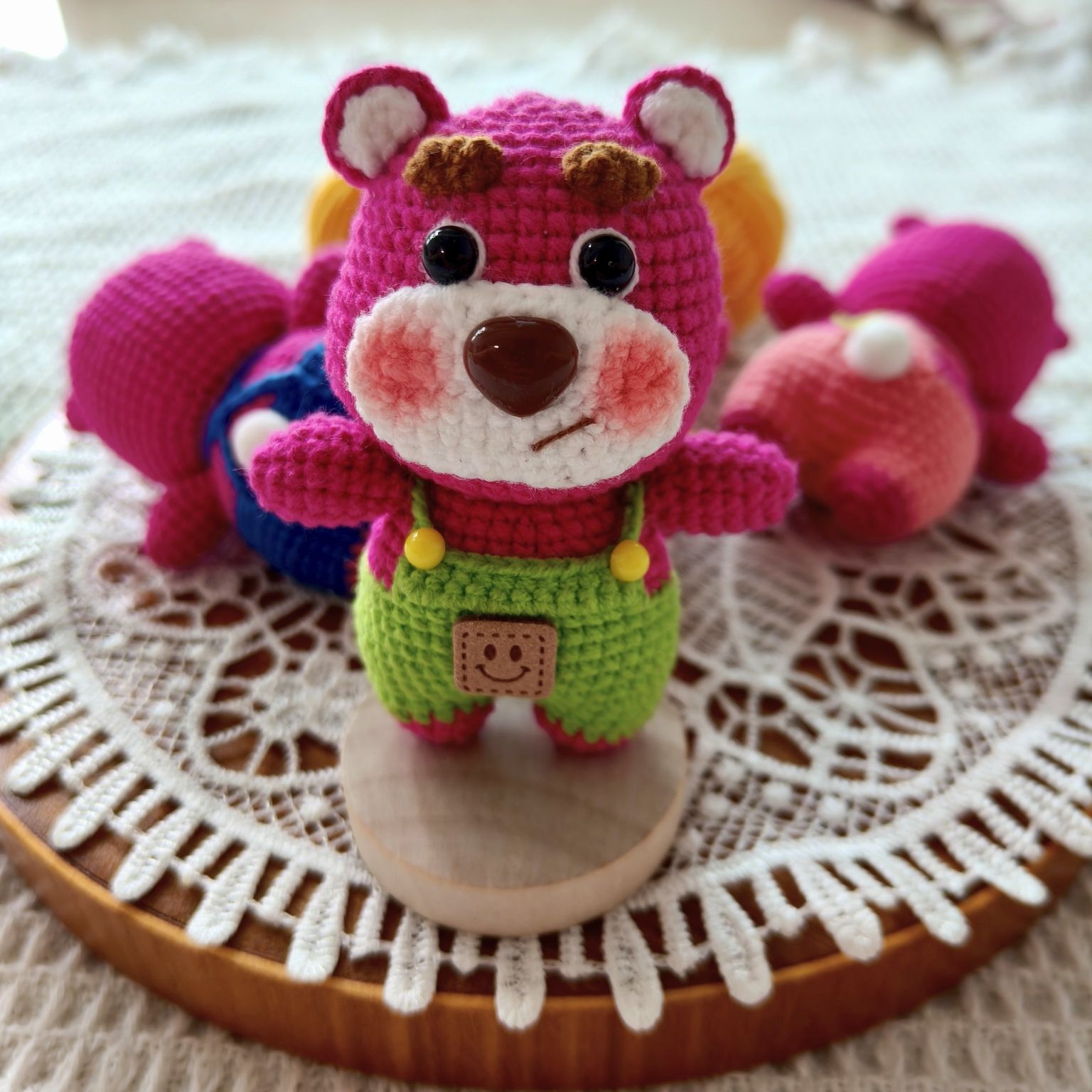 Handmade Crochet Bear | Cute Knitted Bear Plush with Overalls | Keychain or Display Base - Image 7