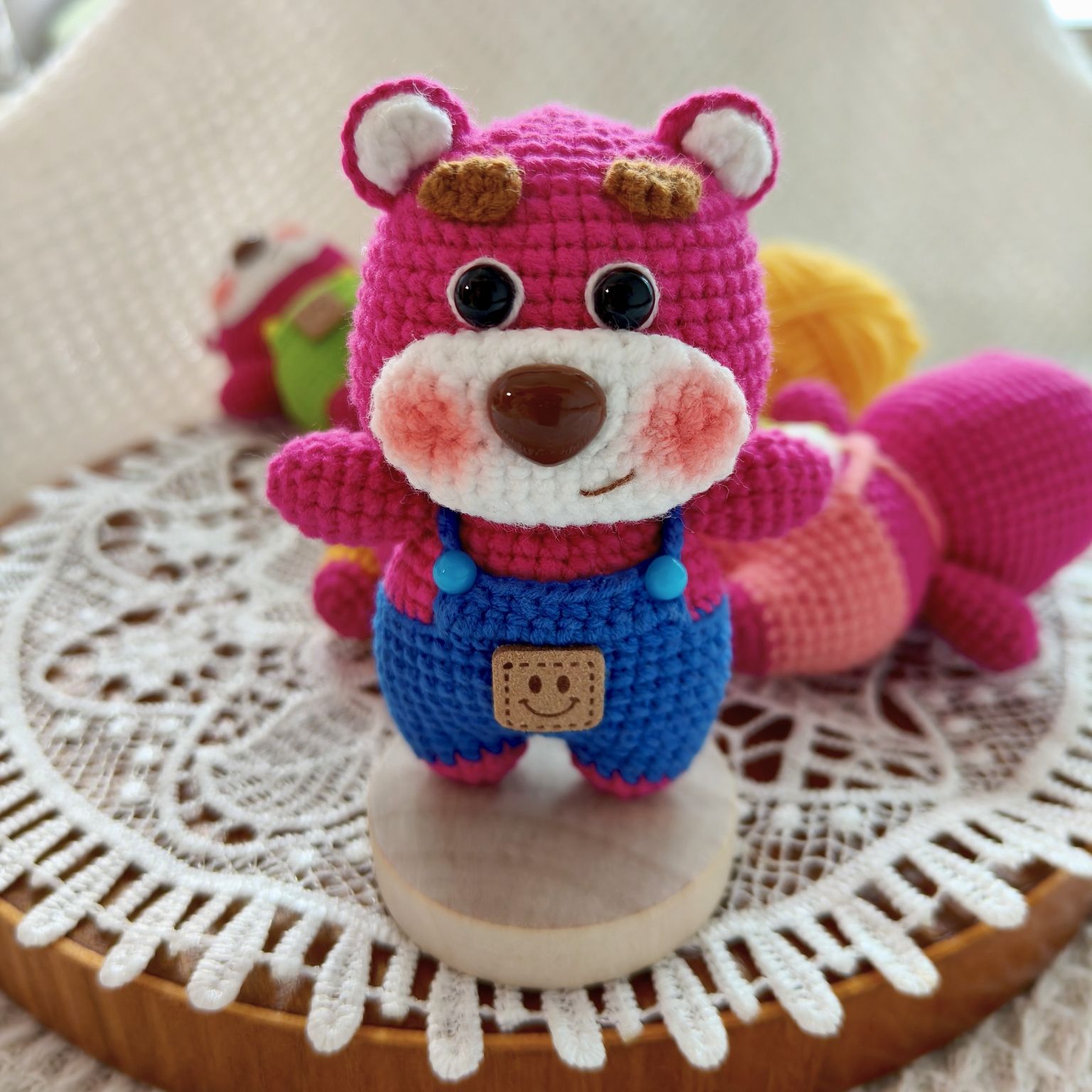 Handmade Crochet Bear | Cute Knitted Bear Plush with Overalls | Keychain or Display Base - Image 9