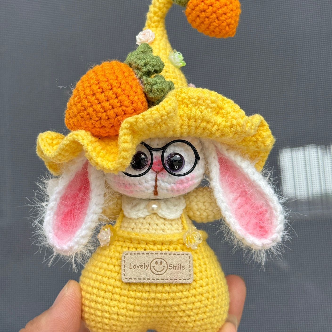 Handmade Crochet Bunny Keychain | Elf Hat Rabbit with Strawberry - Image 2