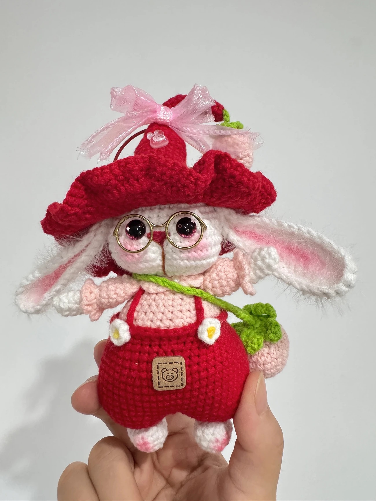 Handmade Crochet Bunny Keychain | Elf Hat Rabbit with Strawberry - Image 3