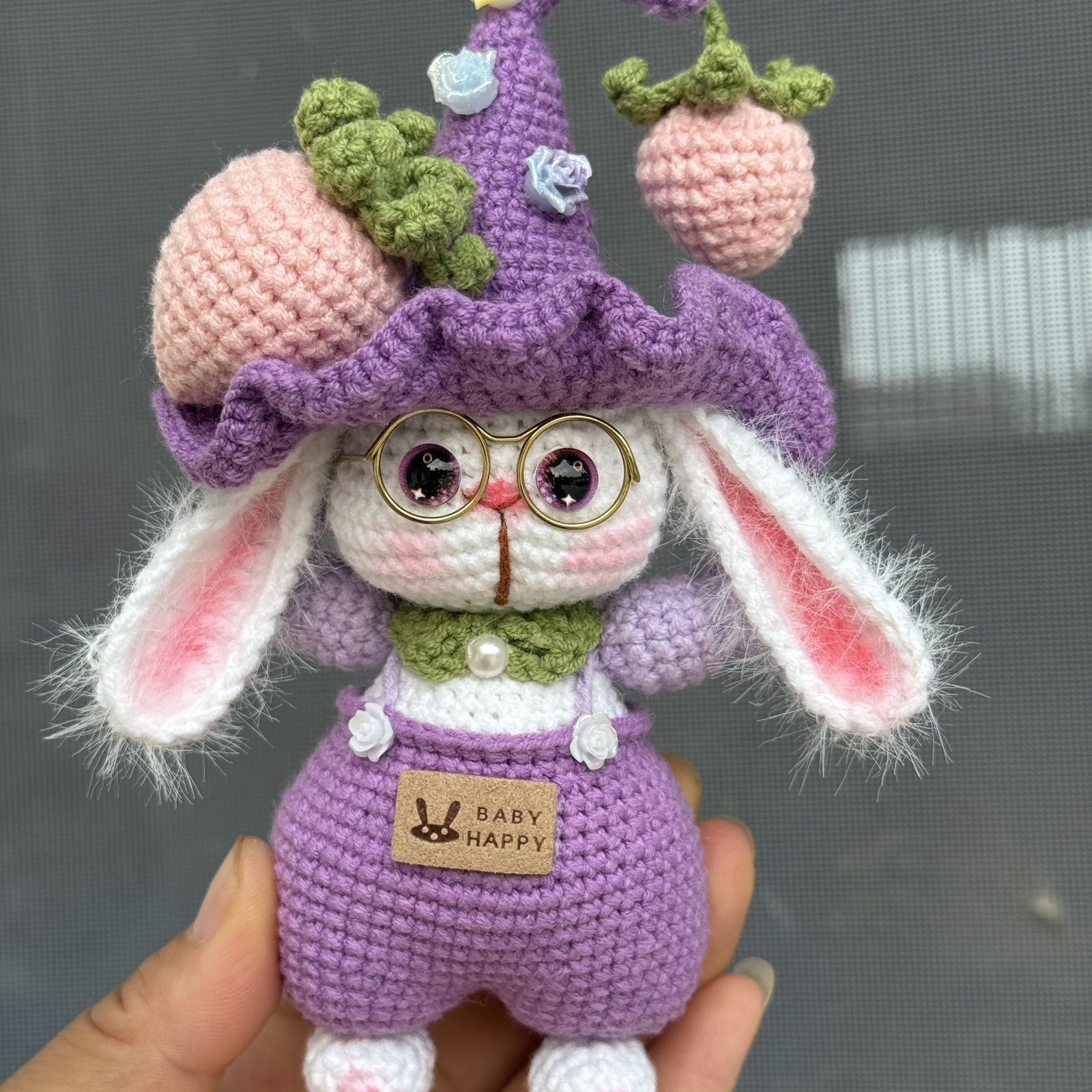 Handmade Crochet Bunny Keychain | Elf Hat Rabbit with Strawberry - Image 13