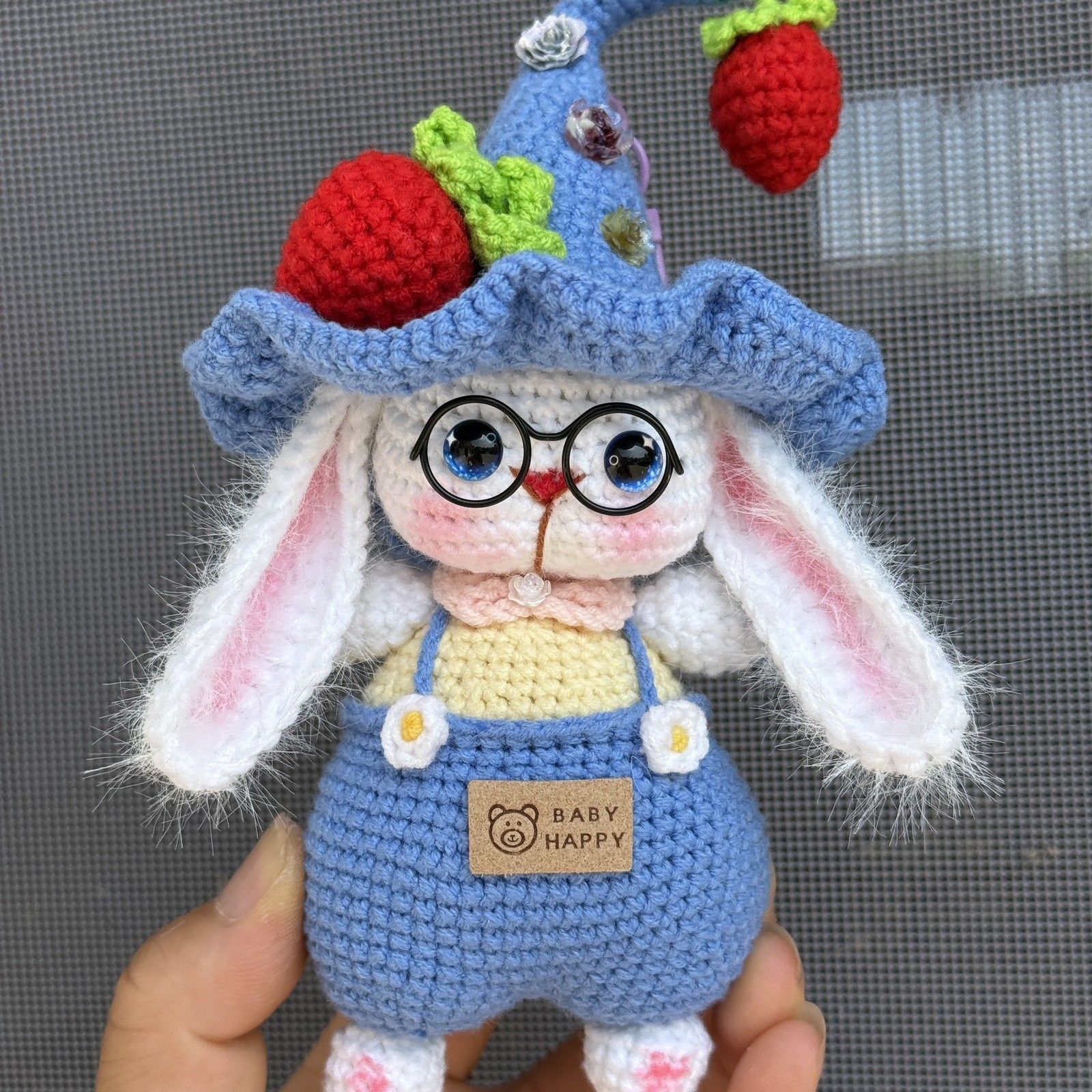 Handmade Crochet Bunny Keychain | Elf Hat Rabbit with Strawberry - Image 14