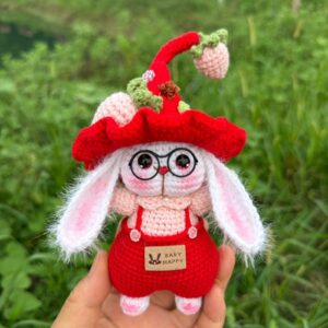 Handmade Crochet Bunny Keychain | Elf Hat Rabbit with Strawberry