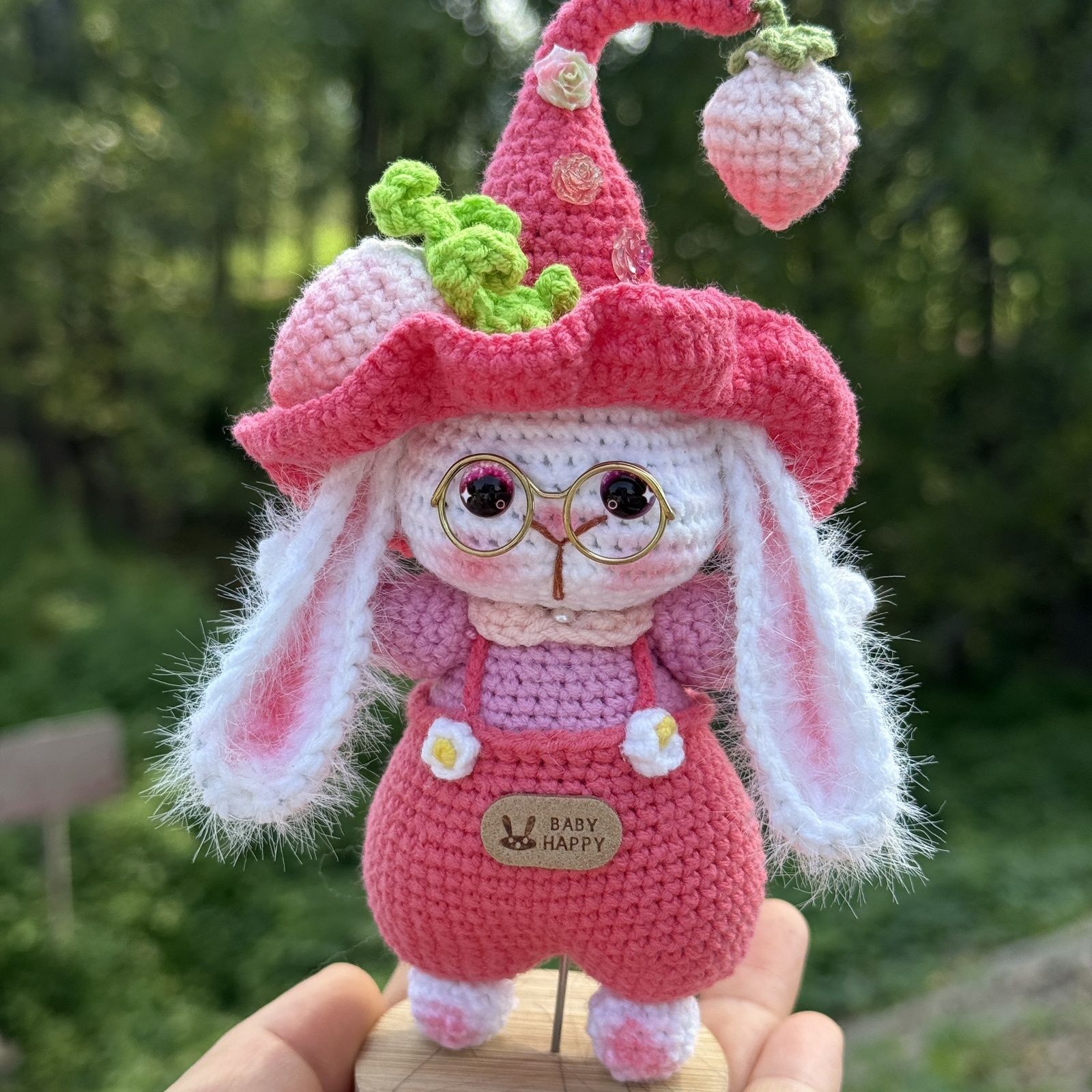 Handmade Crochet Bunny Keychain | Elf Hat Rabbit with Strawberry - Image 4