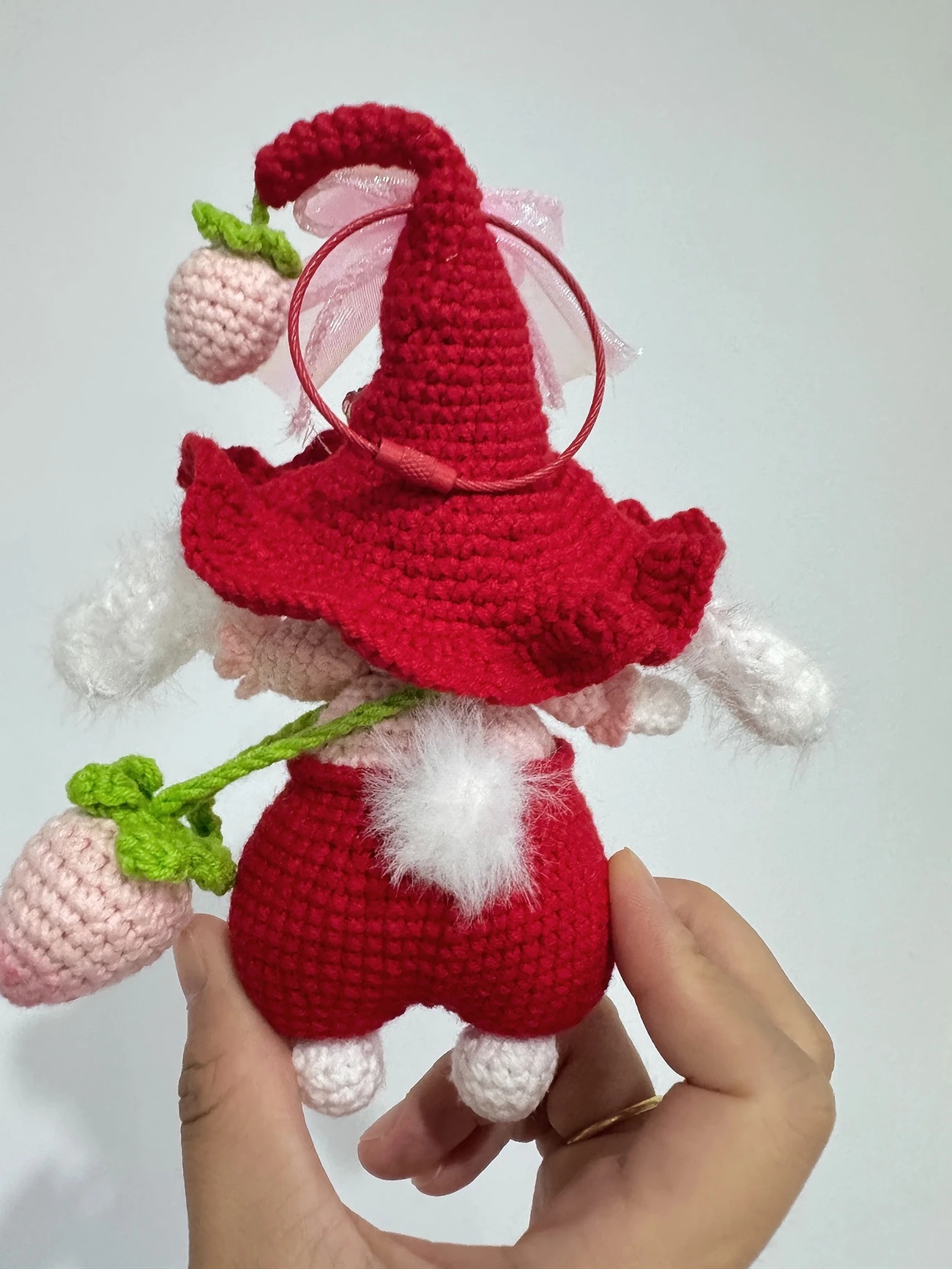 Handmade Crochet Bunny Keychain | Elf Hat Rabbit with Strawberry - Image 5