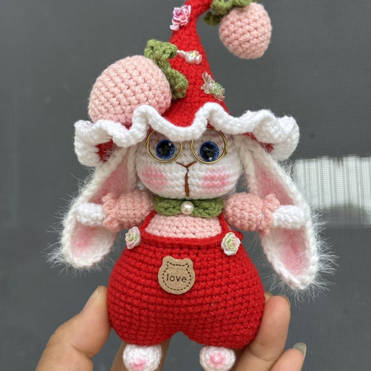 Handmade Crochet Bunny Keychain | Elf Hat Rabbit with Strawberry - Image 6