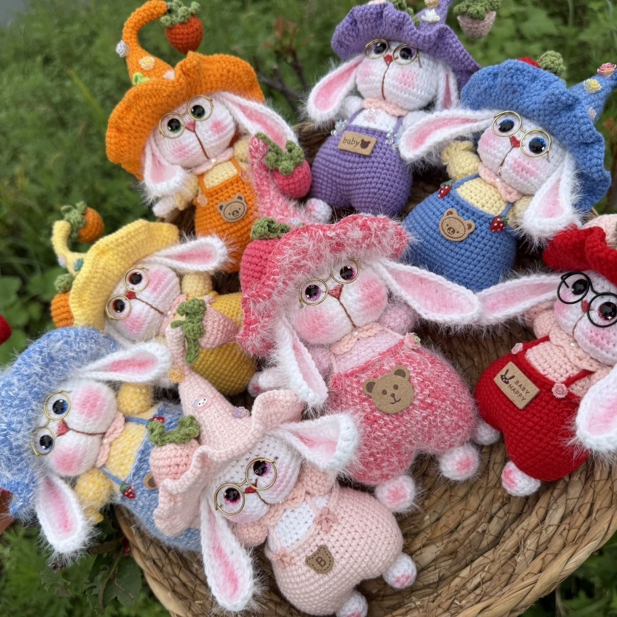 Handmade Crochet Bunny Keychain | Elf Hat Rabbit with Strawberry - Image 7