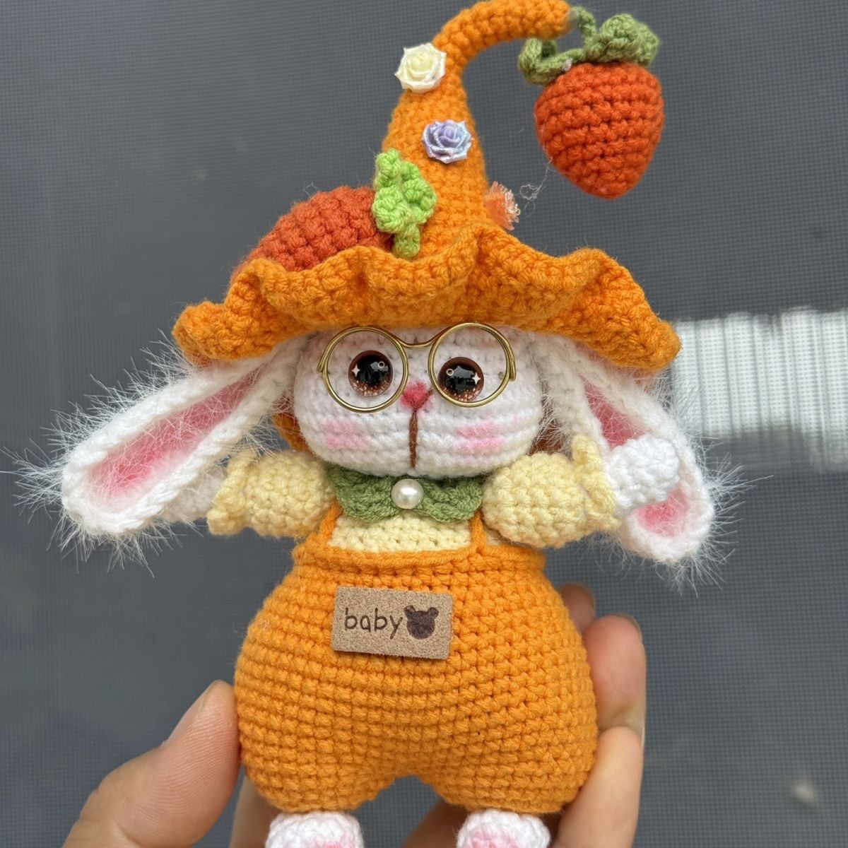 Handmade Crochet Bunny Keychain | Elf Hat Rabbit with Strawberry - Image 8