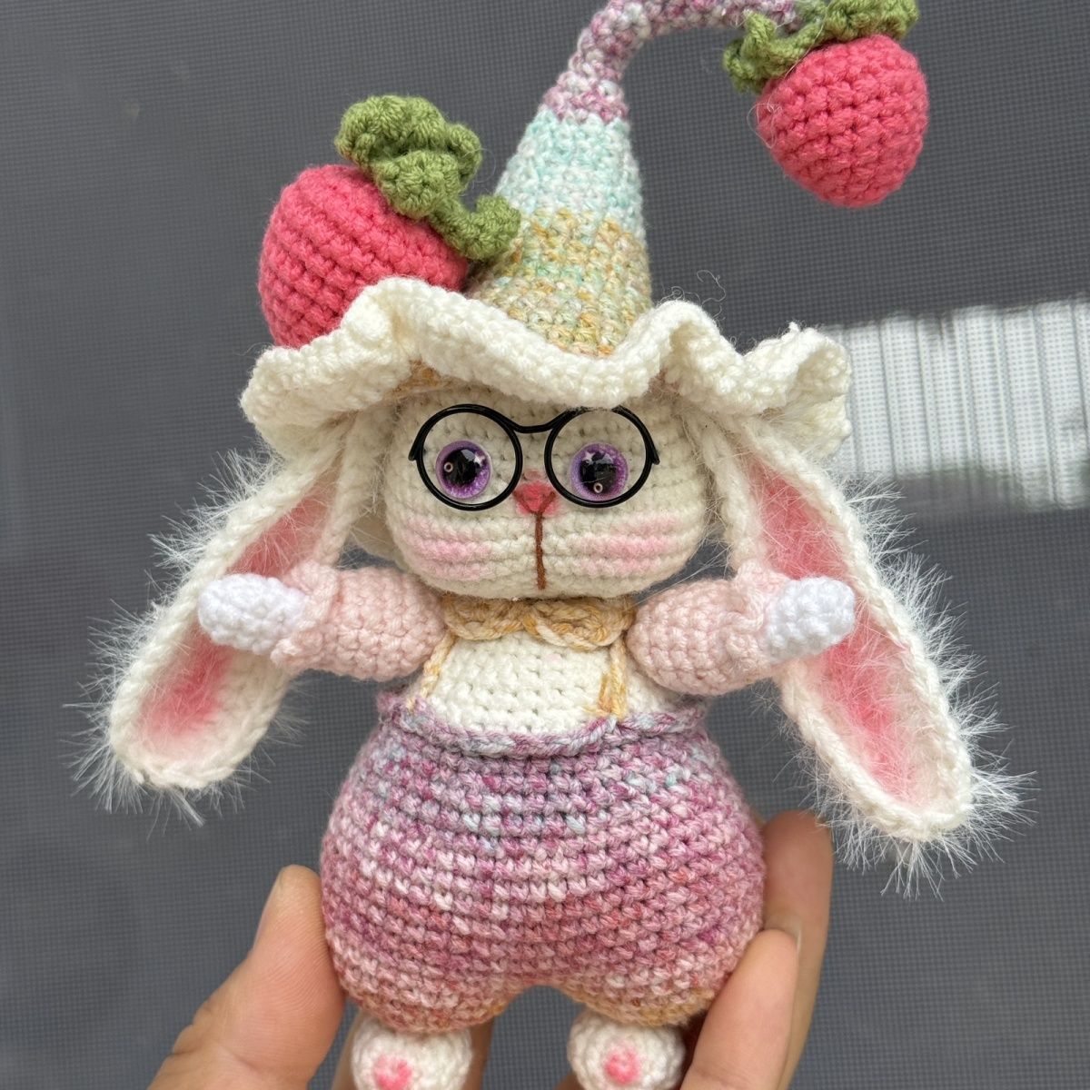 Handmade Crochet Bunny Keychain | Elf Hat Rabbit with Strawberry - Image 9
