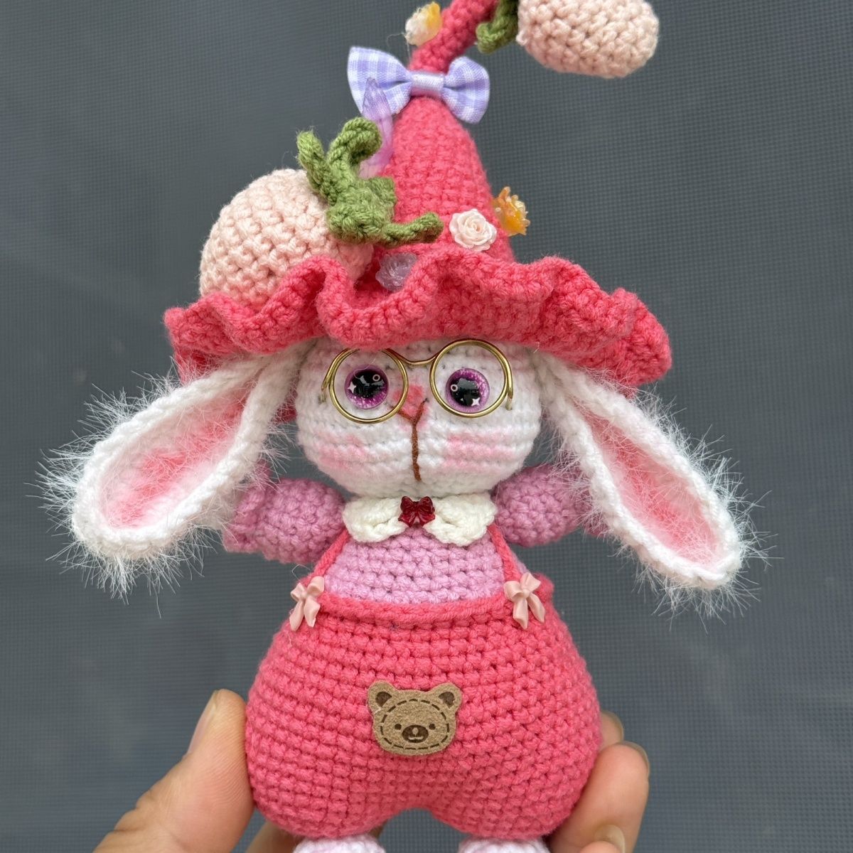 Handmade Crochet Bunny Keychain | Elf Hat Rabbit with Strawberry - Image 10