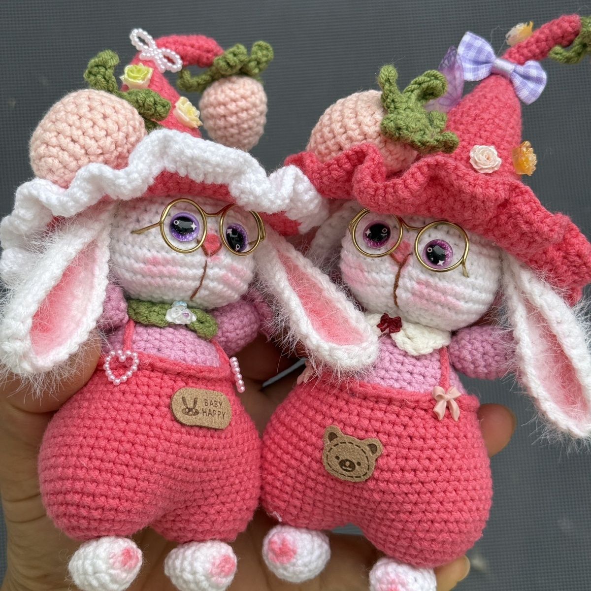 Handmade Crochet Bunny Keychain | Elf Hat Rabbit with Strawberry - Image 11