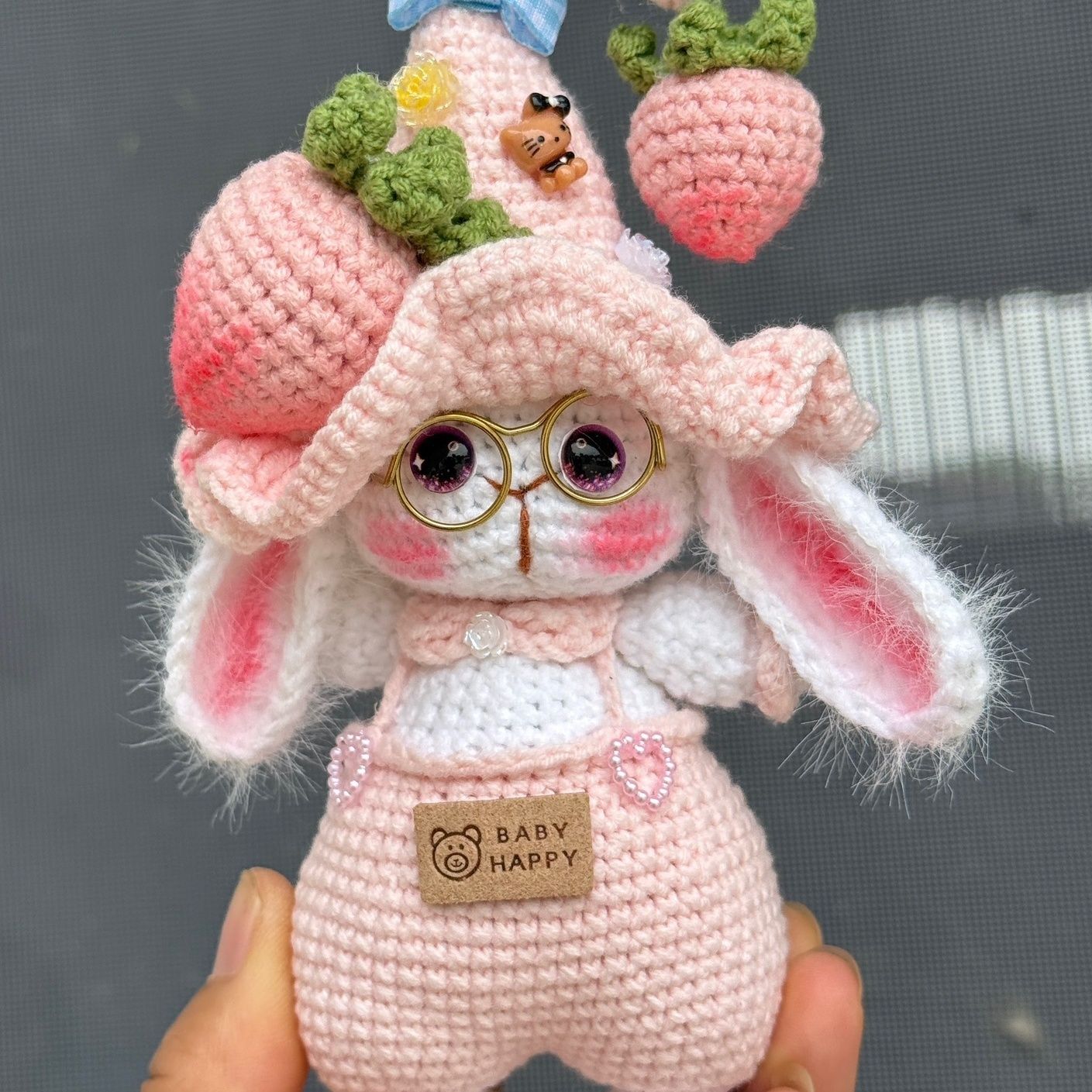 Handmade Crochet Bunny Keychain | Elf Hat Rabbit with Strawberry - Image 12
