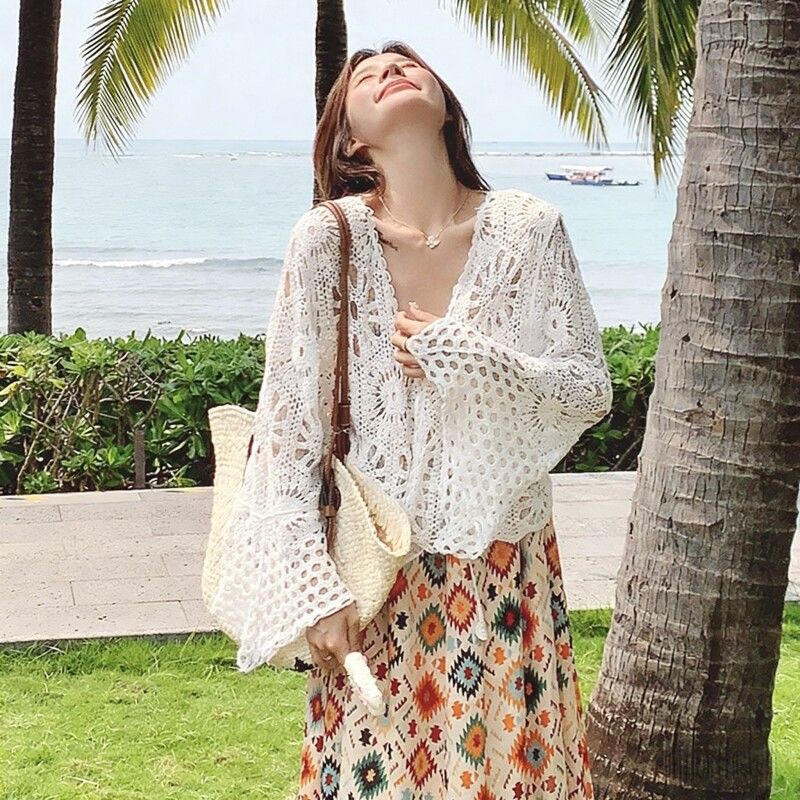 Handmade Crochet Cardigan | Hollow Out Bell Sleeve Cover-Up - Image 2