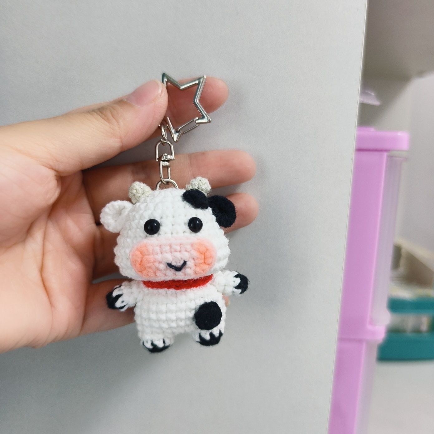 Handmade Crochet Cow | Cute Knitted Cow Plush with Keychain, Pearl Chain or Base - Image 3