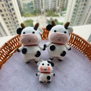 Handmade Crochet Cow | Cute Knitted Cow Plush with Keychain, Pearl Chain or Base
