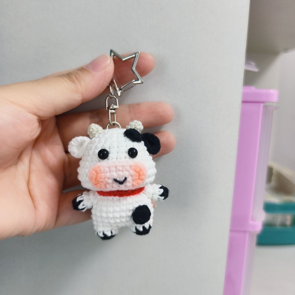 Handmade Crochet Cow | Cute Knitted Cow Plush with Keychain, Pearl Chain or Base - Image 5