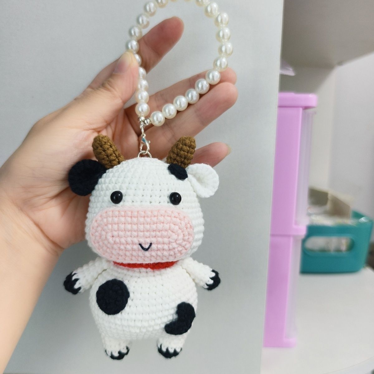 Handmade Crochet Cow | Cute Knitted Cow Plush with Keychain, Pearl Chain or Base - Image 6