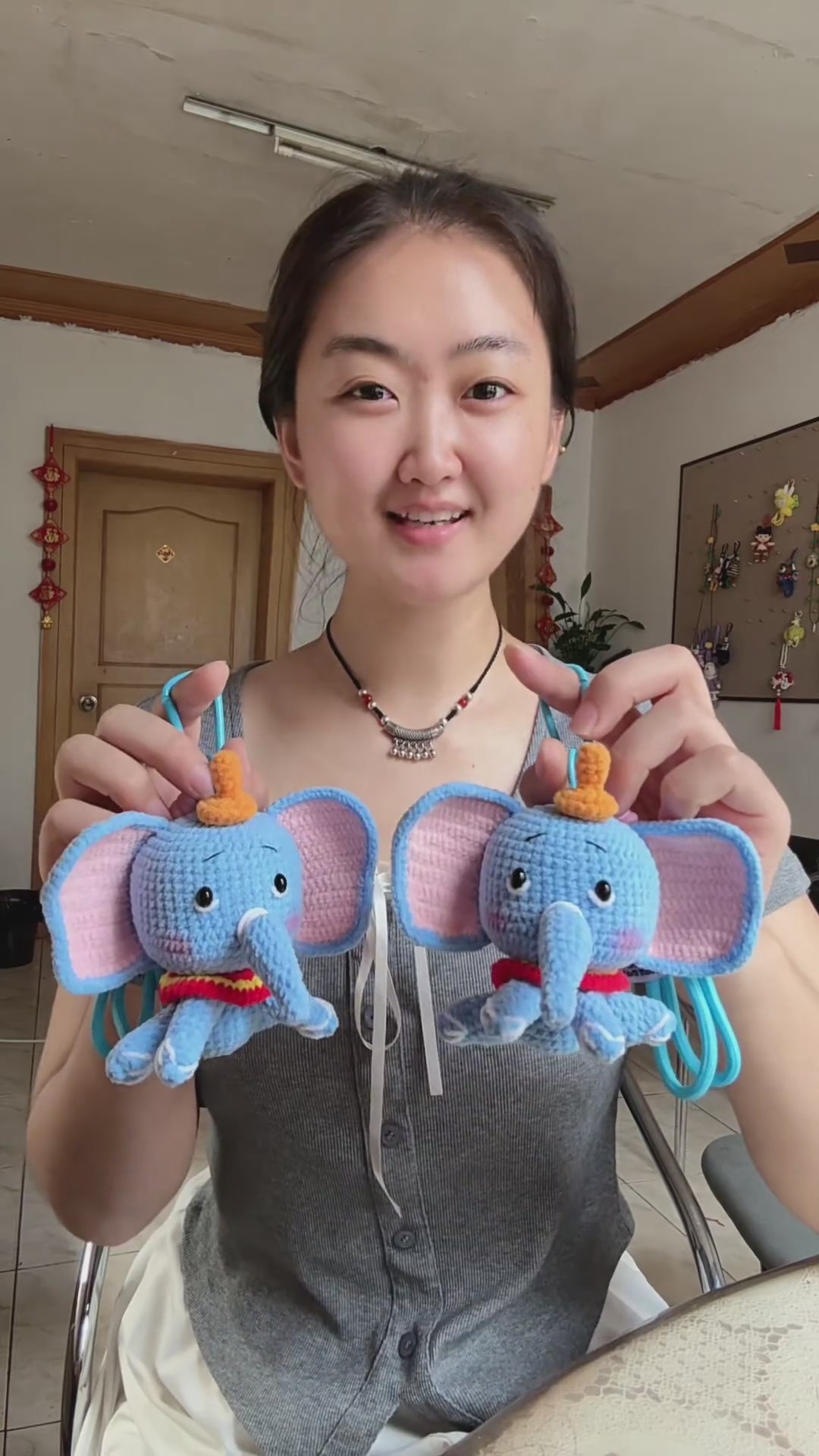 Handmade Crochet Blue Elephant Keychain | Interactive Spinning Trunk Toy | Cute Animal Bag Charm