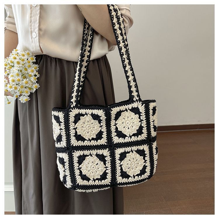 Handmade Crochet Floral Granny Square Bag – Vintage 3D Flower Tote, 32cm Wide with Zipper & Lining, Black or Khaki, Shoulder Bag - Image 2