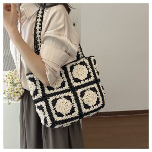 Handmade Crochet Floral Granny Square Bag – Vintage 3D Flower Tote, 32cm Wide with Zipper & Lining, Black or Khaki, Shoulder Bag