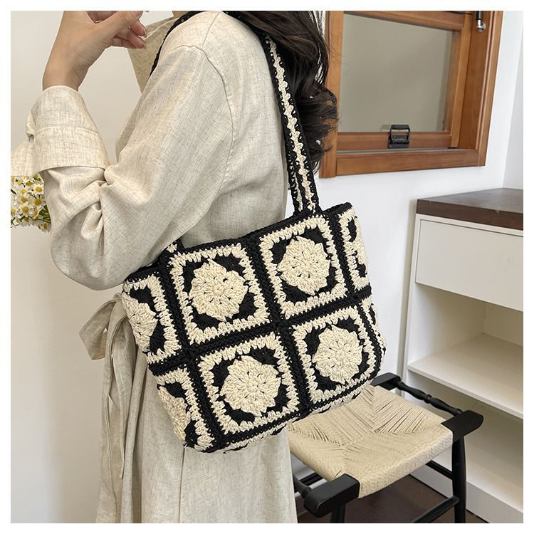 Handmade Crochet Floral Granny Square Bag – Vintage 3D Flower Tote, 32cm Wide with Zipper & Lining, Black or Khaki, Shoulder Bag - Image 3