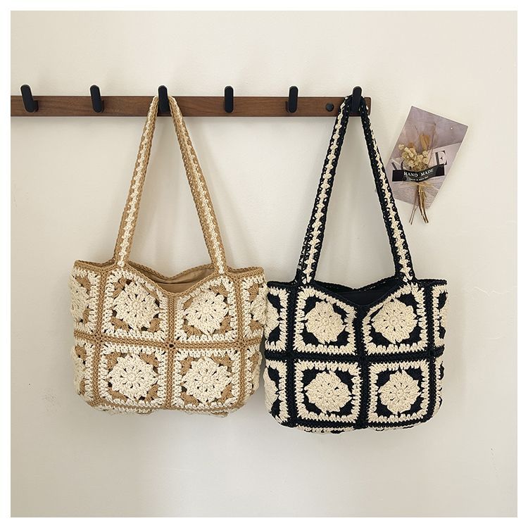 Handmade Crochet Floral Granny Square Bag – Vintage 3D Flower Tote, 32cm Wide with Zipper & Lining, Black or Khaki, Shoulder Bag - Image 4
