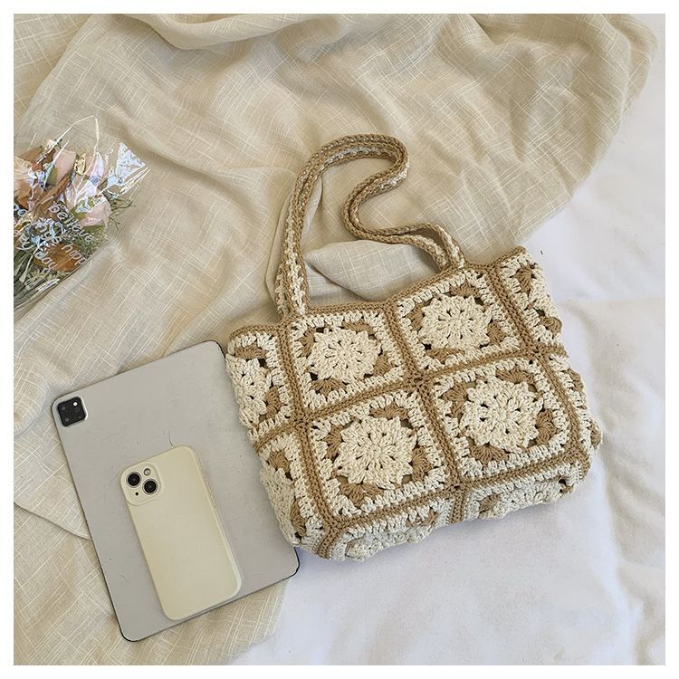 Handmade Crochet Floral Granny Square Bag – Vintage 3D Flower Tote, 32cm Wide with Zipper & Lining, Black or Khaki, Shoulder Bag - Image 5