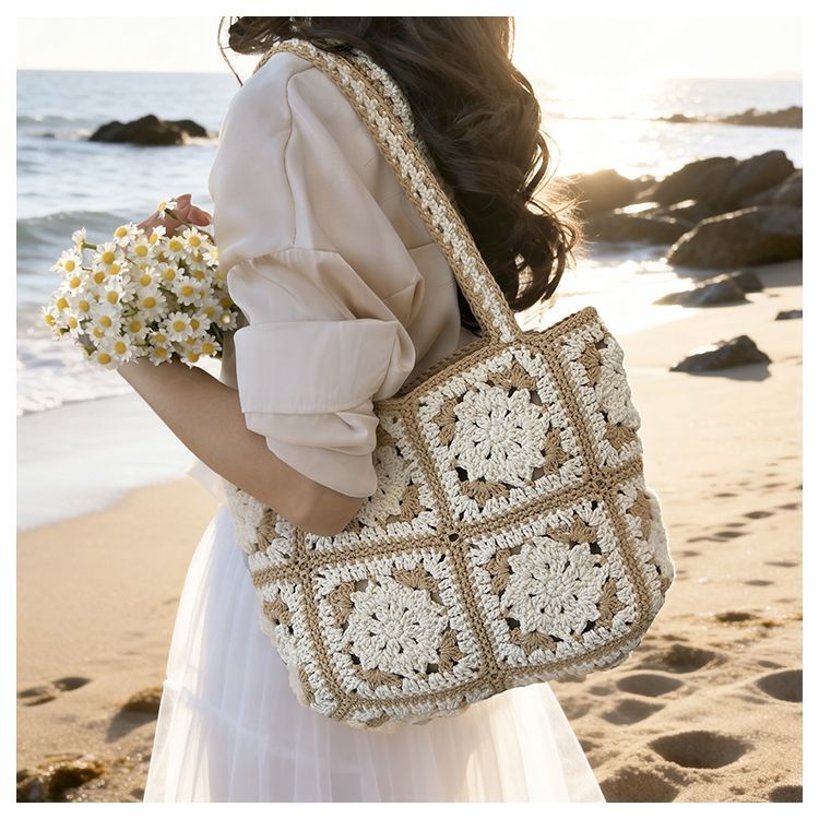 Handmade Crochet Floral Granny Square Bag – Vintage 3D Flower Tote, 32cm Wide with Zipper & Lining, Black or Khaki, Shoulder Bag - Image 8