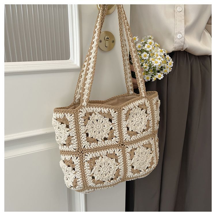 Handmade Crochet Floral Granny Square Bag – Vintage 3D Flower Tote, 32cm Wide with Zipper & Lining, Black or Khaki, Shoulder Bag - Image 9