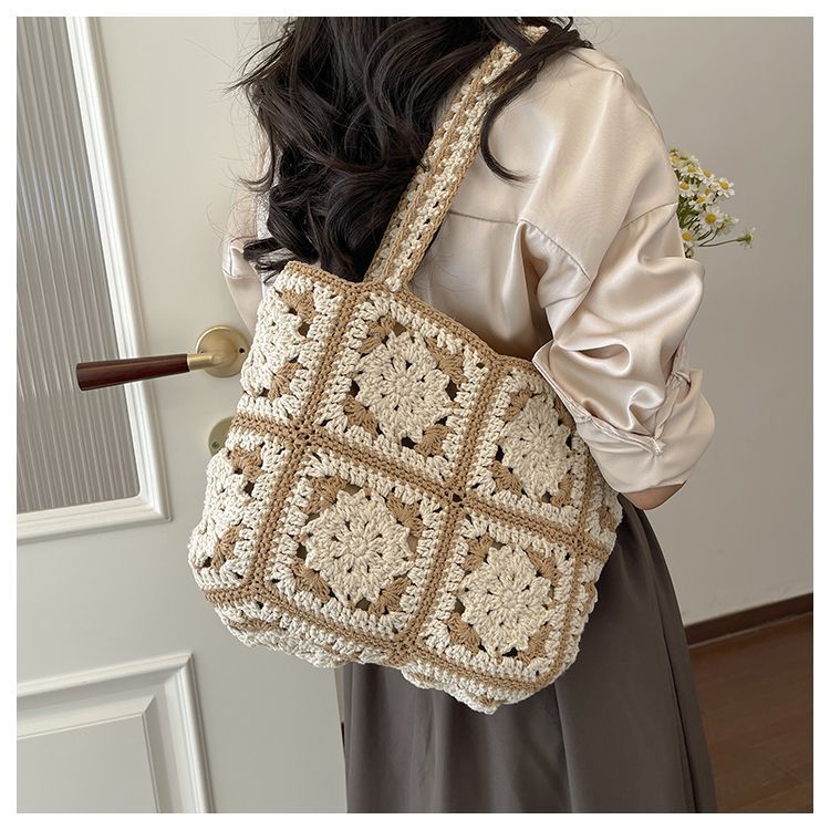 Handmade Crochet Floral Granny Square Bag – Vintage 3D Flower Tote, 32cm Wide with Zipper & Lining, Black or Khaki, Shoulder Bag - Image 10