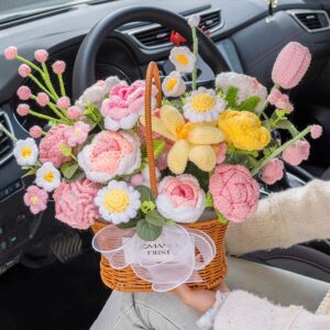 Handmade Crochet Flower Basket – 42cm Wide Mixed Floral Bouquet in Rattan Basket with Ribbon & Card, Perfect for Home & Car Decor, 2 Colors