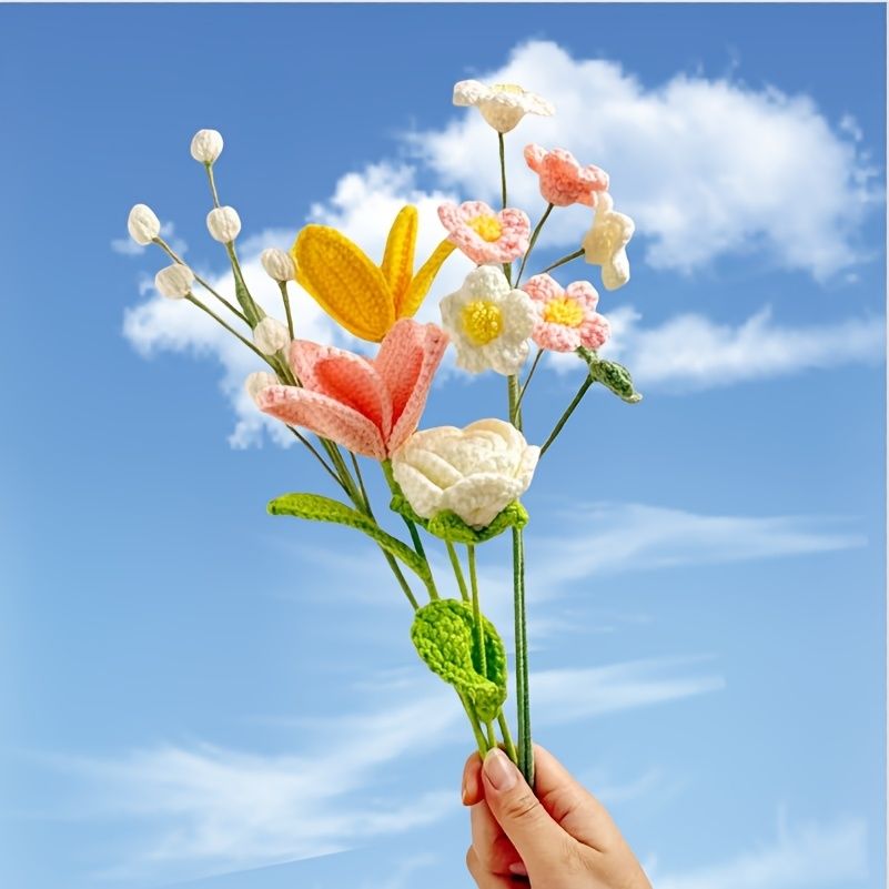Handmade Crochet Flower Bouquet – Pink Lily, White Rose & Yellow Tulip Mix with 32cm Stems, Ready to Place in Vase, Forever Gift - Image 2