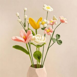 Handmade Crochet Flower Bouquet – Pink Lily, White Rose & Yellow Tulip Mix with 32cm Stems, Ready to Place in Vase, Forever Gift