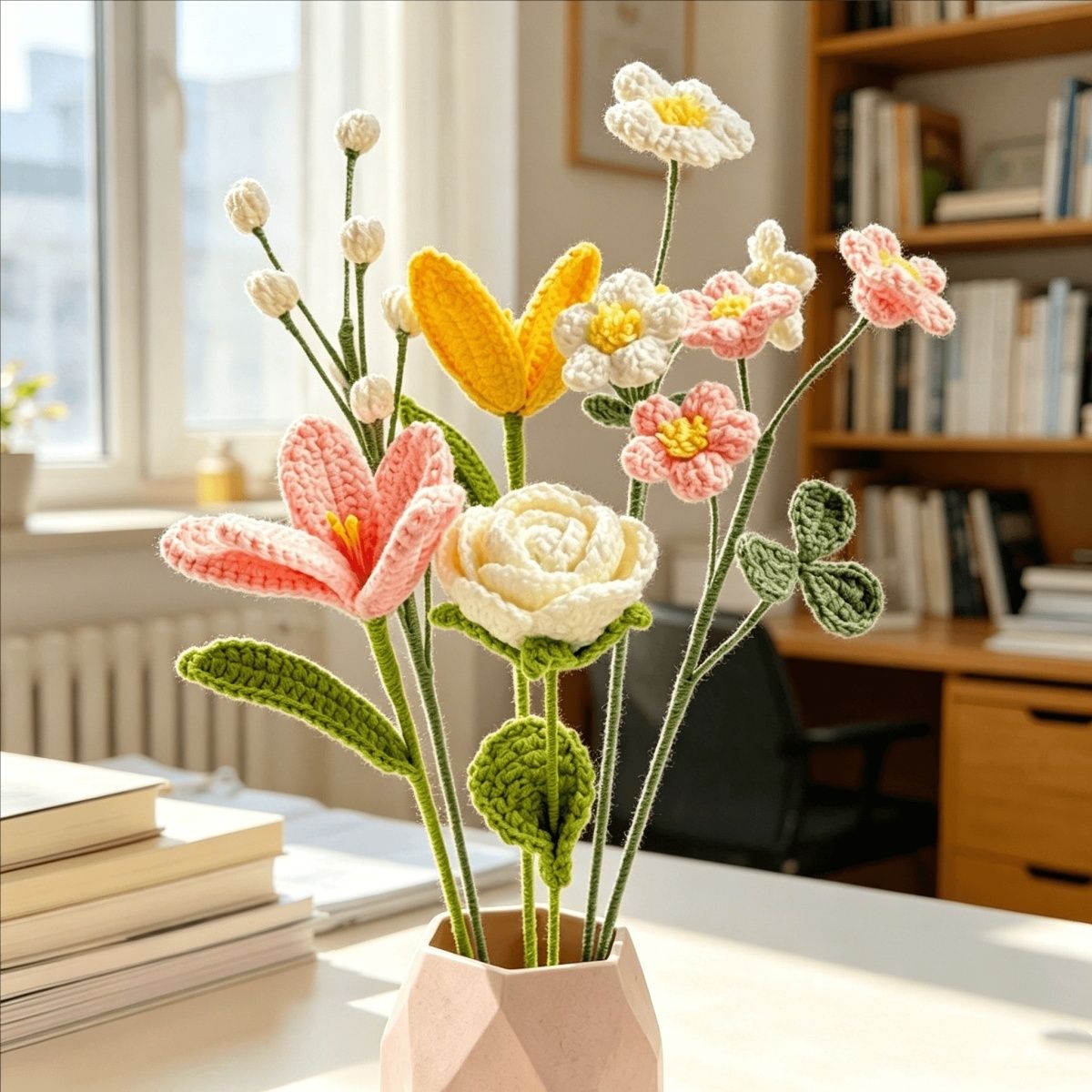 Handmade Crochet Flower Bouquet – Pink Lily, White Rose & Yellow Tulip Mix with 32cm Stems, Ready to Place in Vase, Forever Gift - Image 4