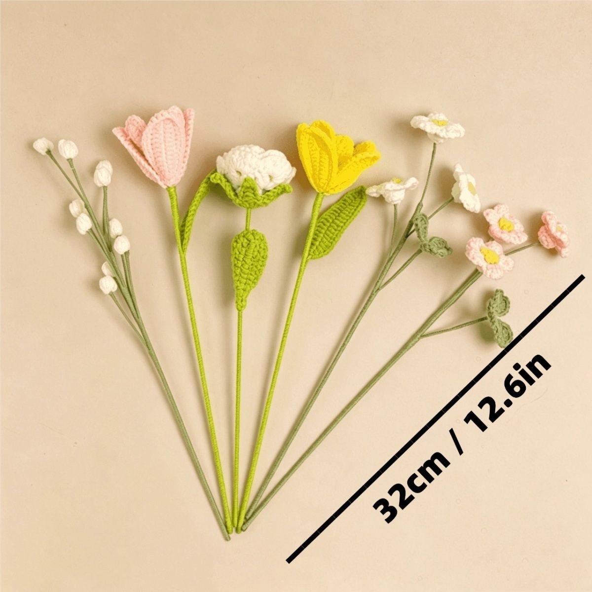 Handmade Crochet Flower Bouquet – Pink Lily, White Rose & Yellow Tulip Mix with 32cm Stems, Ready to Place in Vase, Forever Gift - Image 5