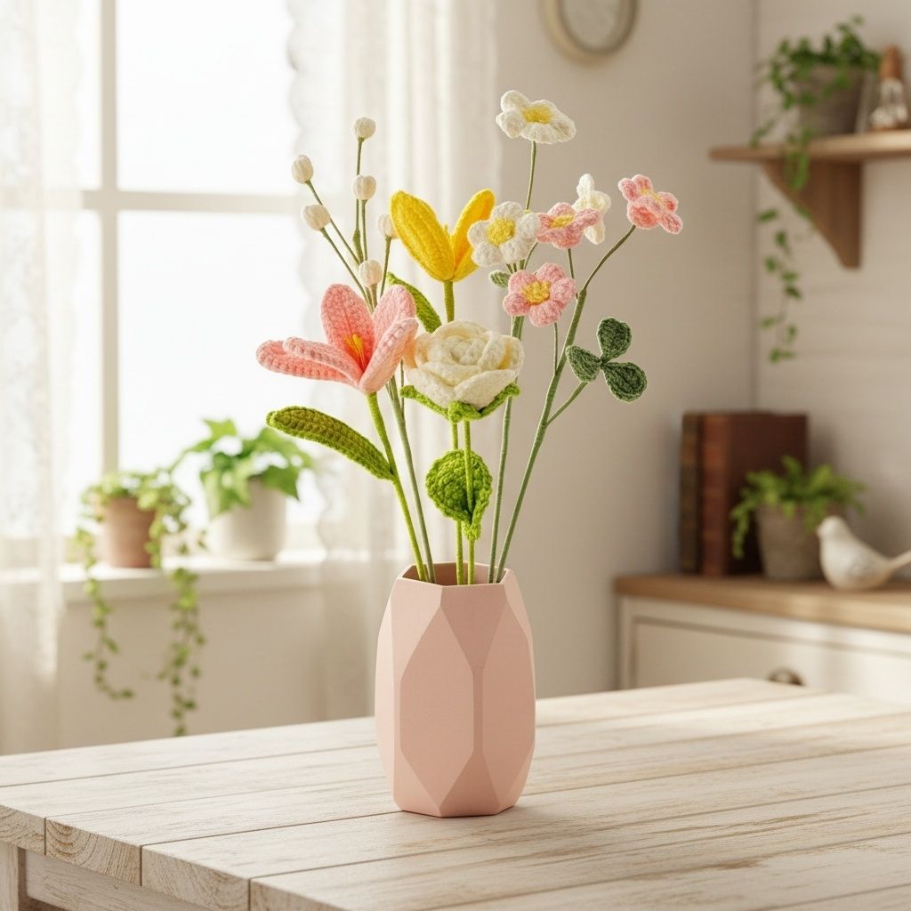 Handmade Crochet Flower Bouquet – Pink Lily, White Rose & Yellow Tulip Mix with 32cm Stems, Ready to Place in Vase, Forever Gift - Image 6