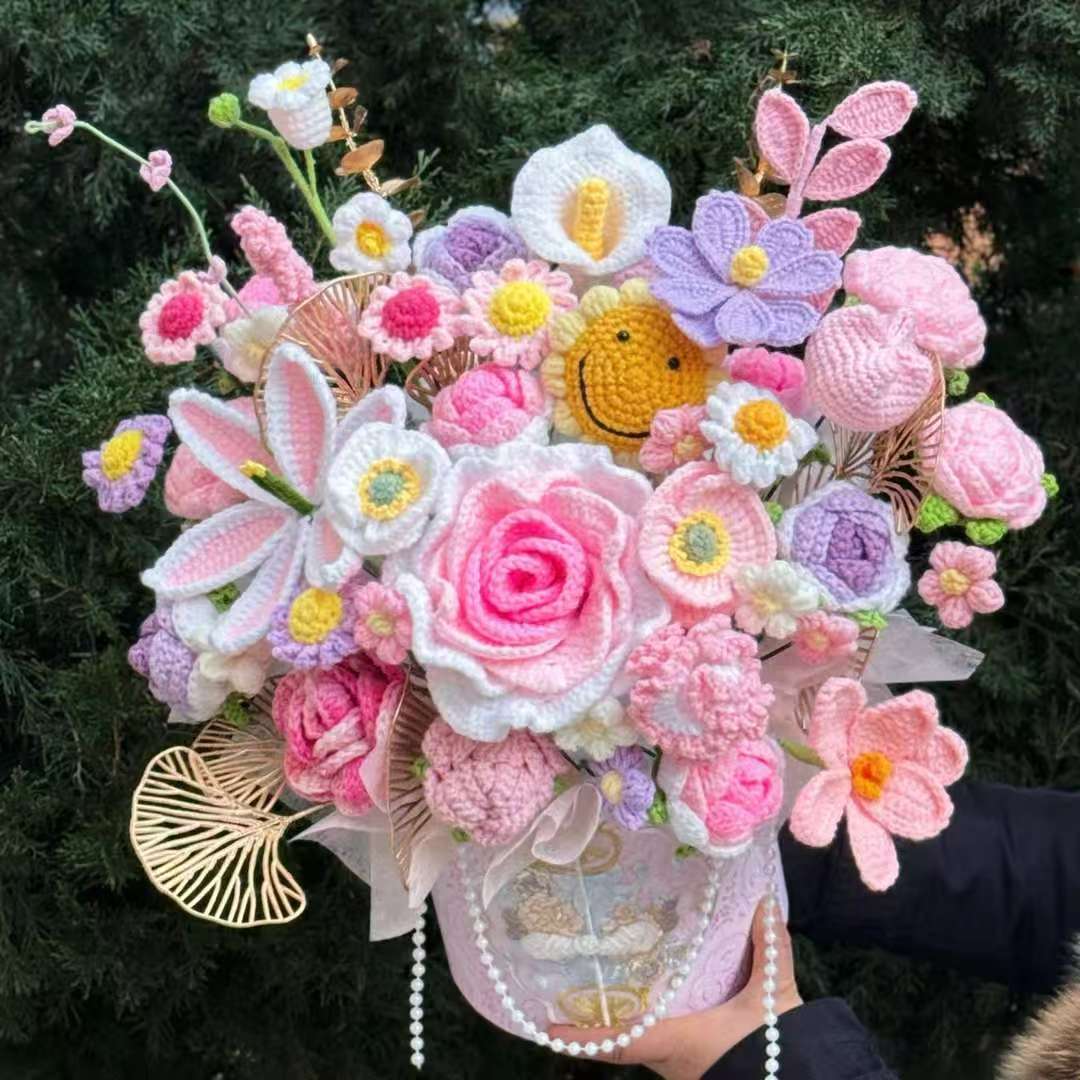 Handmade Crochet Flower Bouquet & Basket – Eternal Flower Gift with Gift Bag, LED Lights & Card, 14 Stunning Styles Available - Image 2