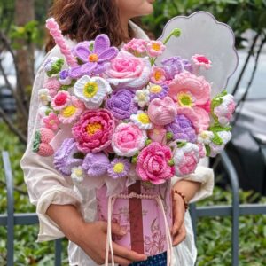 Handmade Crochet Flower Bouquet & Basket – Eternal Flower Gift with Gift Bag, LED Lights & Card, 14 Stunning Styles Available