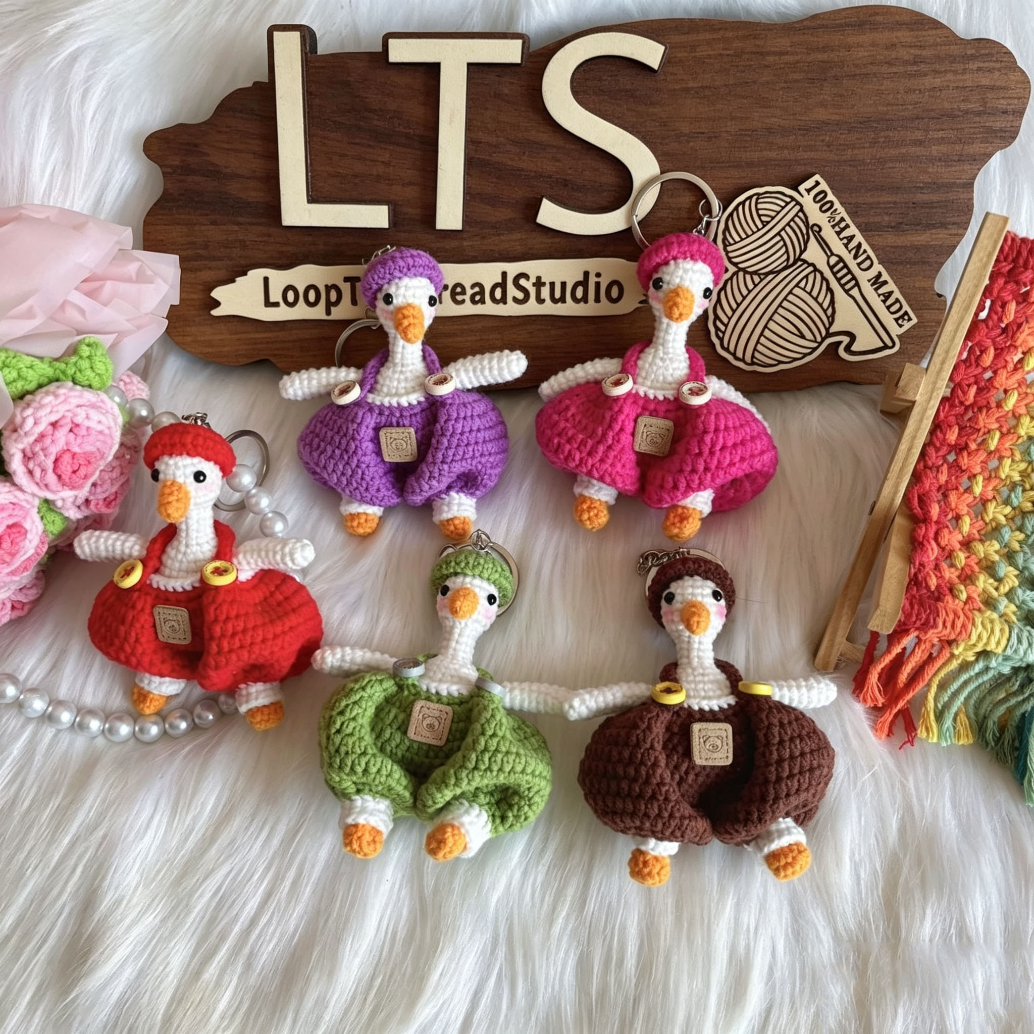 Handmade Crochet Goose Keychain | Cute Knitted Goose in Overalls