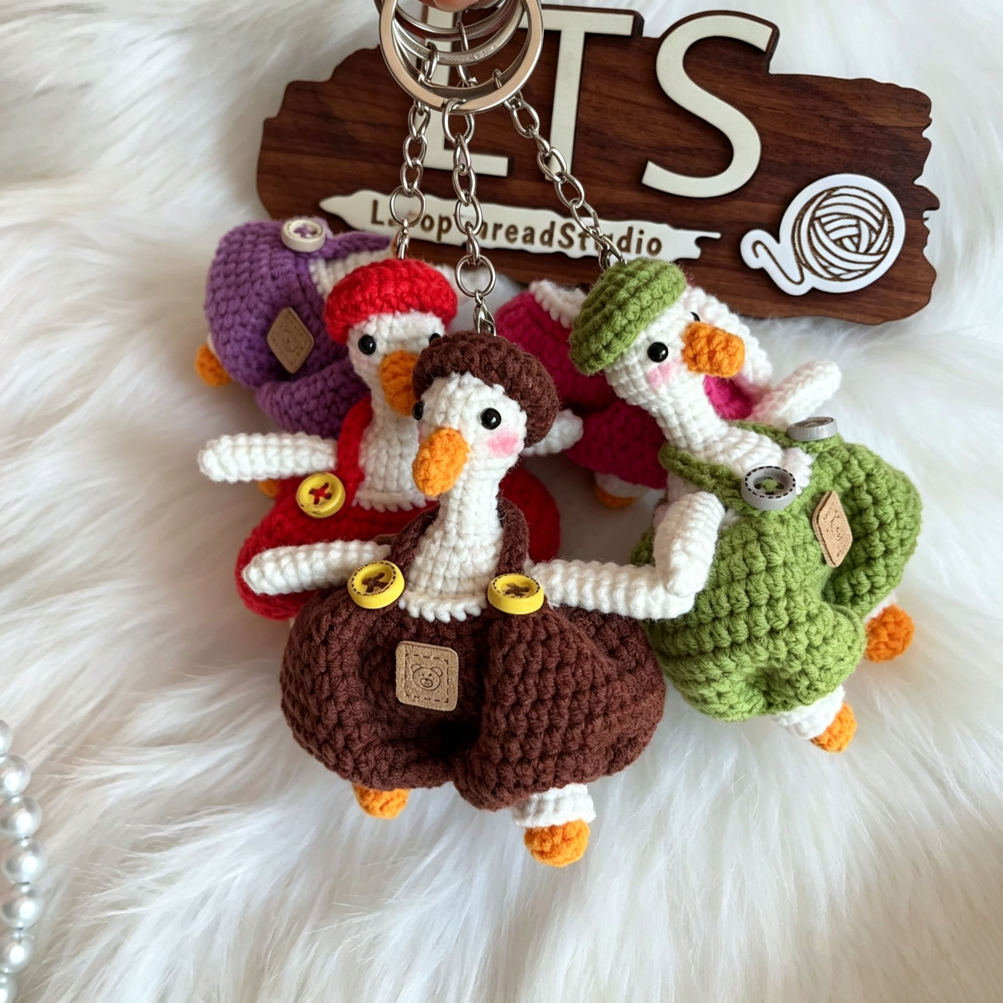Handmade Crochet Goose Keychain | Cute Knitted Goose in Overalls - Image 2
