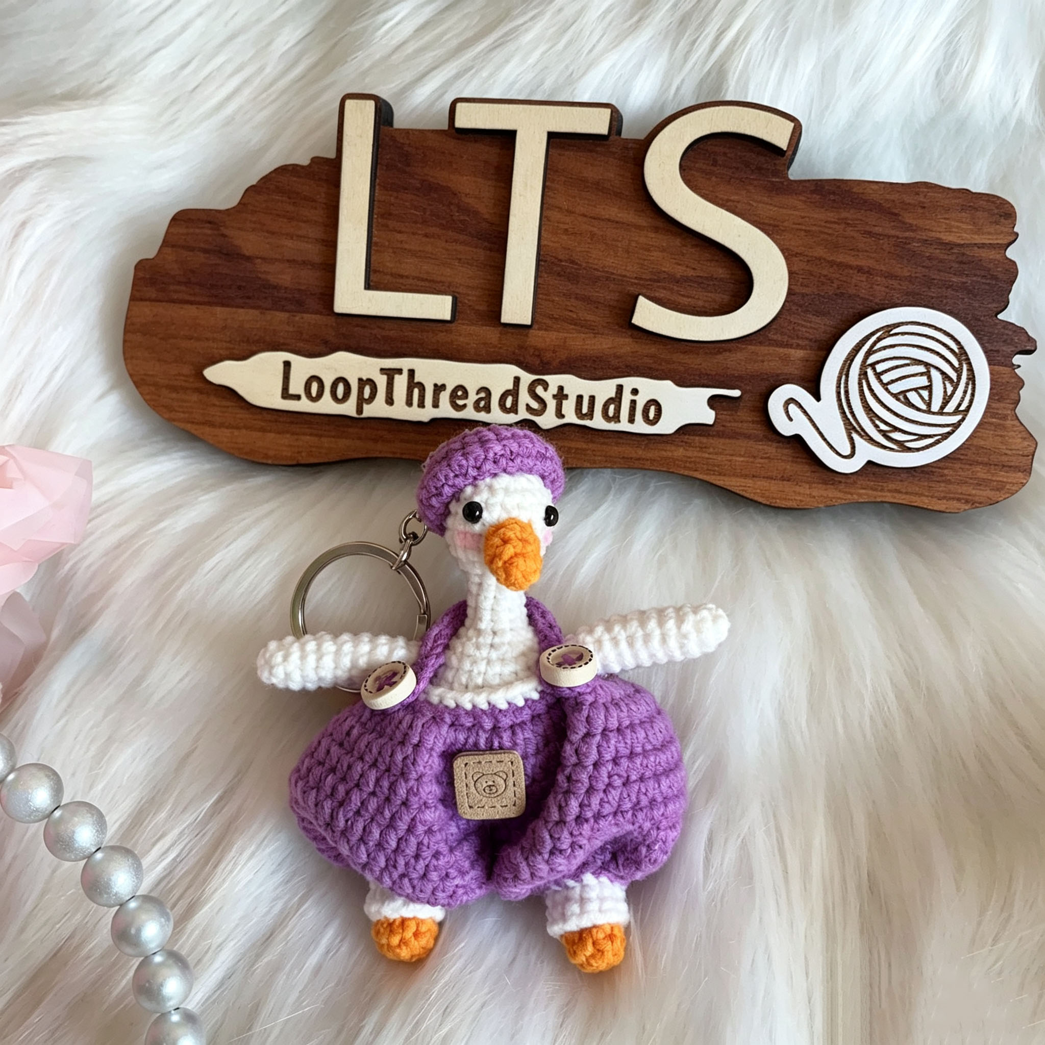 Handmade Crochet Goose Keychain | Cute Knitted Goose in Overalls - Image 3