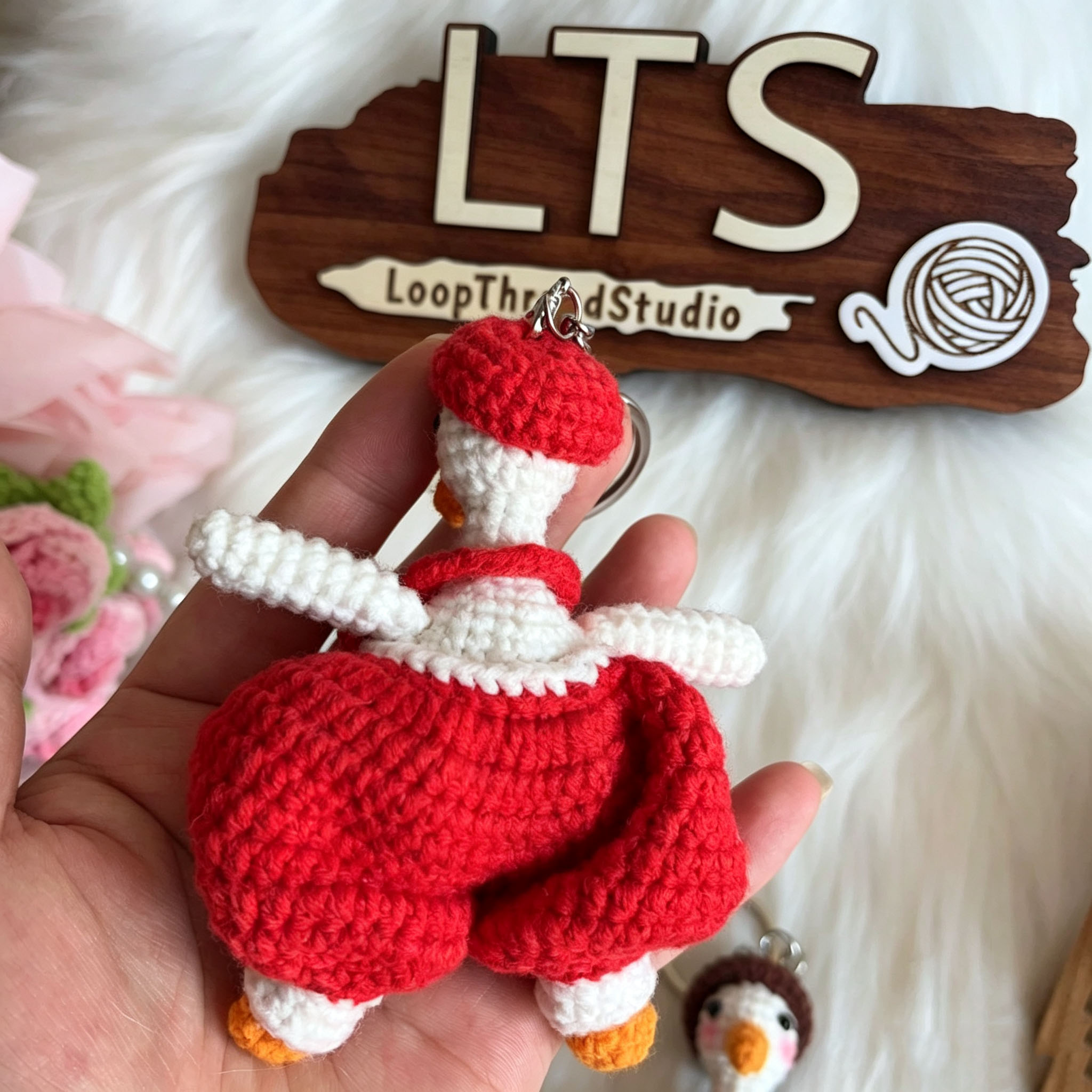 Handmade Crochet Goose Keychain | Cute Knitted Goose in Overalls - Image 4