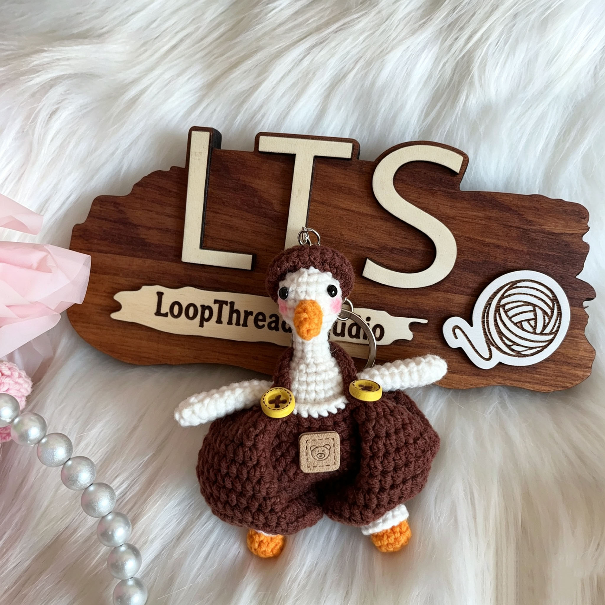 Handmade Crochet Goose Keychain | Cute Knitted Goose in Overalls - Image 5
